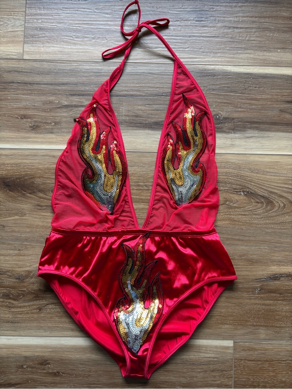 Club Exx by Dolls Kill Red Sequin Flame Halter Bodysuit - Rave Festival - Size L